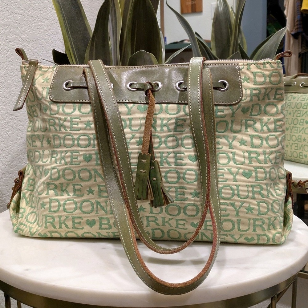 VTG Dooney & Bourke Monogram Canvas‎ Tote Green Leather Trim Tassel Y2K Bag